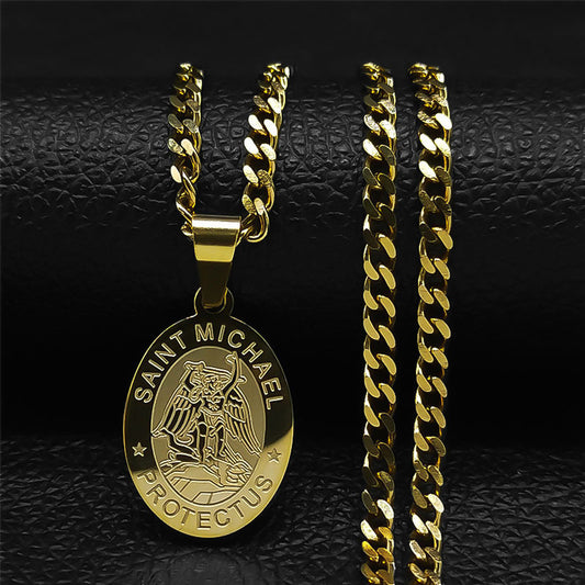 🛡️Colar São Miguel Arcanjo｜Pingente de Proteção em Aço Dourado｜Unissex